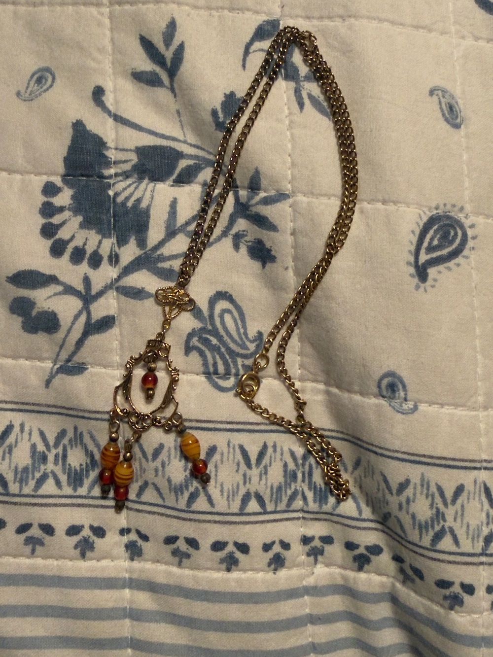 Gold-Tone Pendant Necklace with Red and Yellow Beads